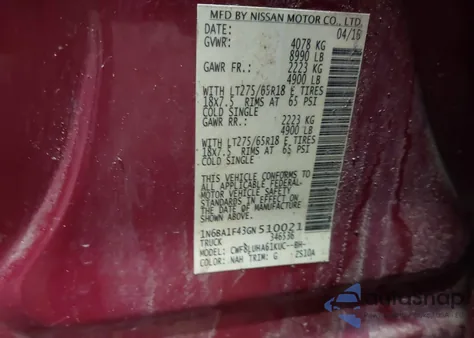 2016 Nissan Titan Xd Pro-4X Diesel z USA, uszkodzony, nr VIN 1N6BA1F43GN510021